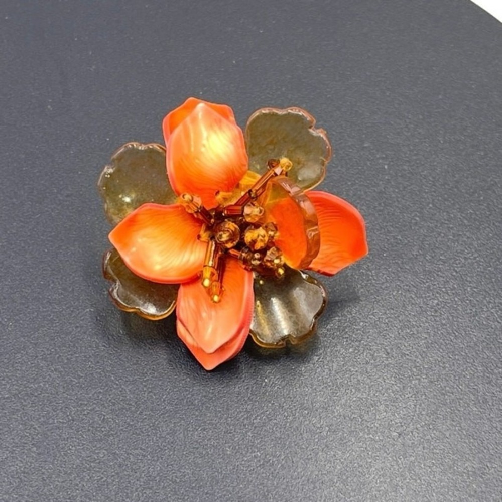 Oscar de la Renta Orange Stained Rose Clip on Statement Earring **Single